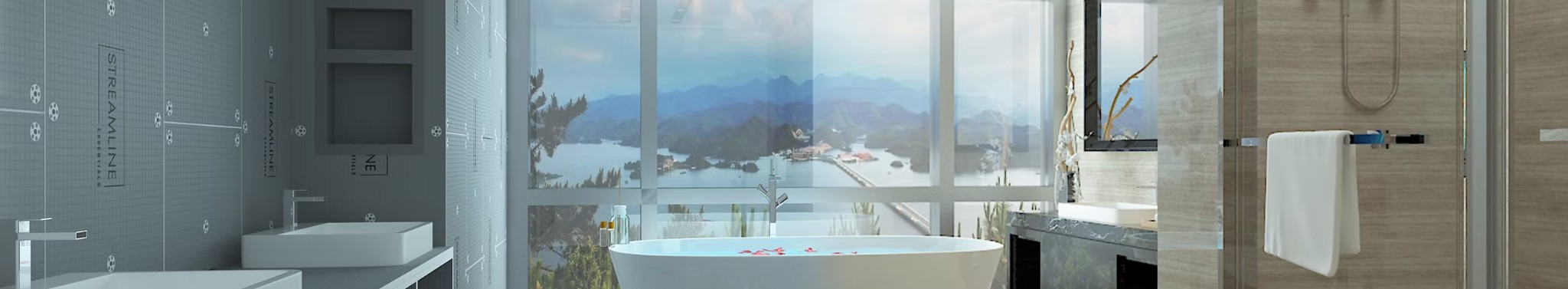 Wide view of a luxury bathroom with Streamline Essentials substrate panels installed and a mountain-lake window view