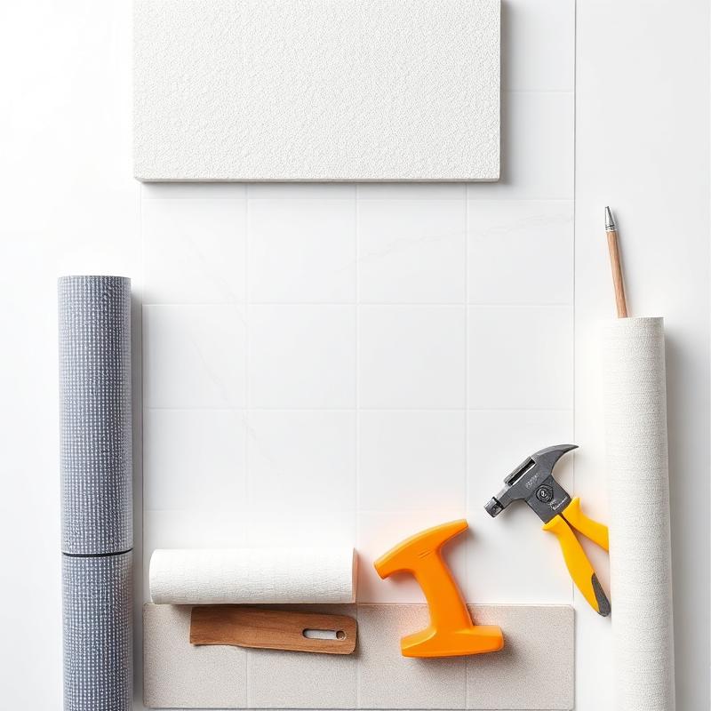Flat-lay of tile installation materials — backer board, uncoupling mat, sealant, and hand tools