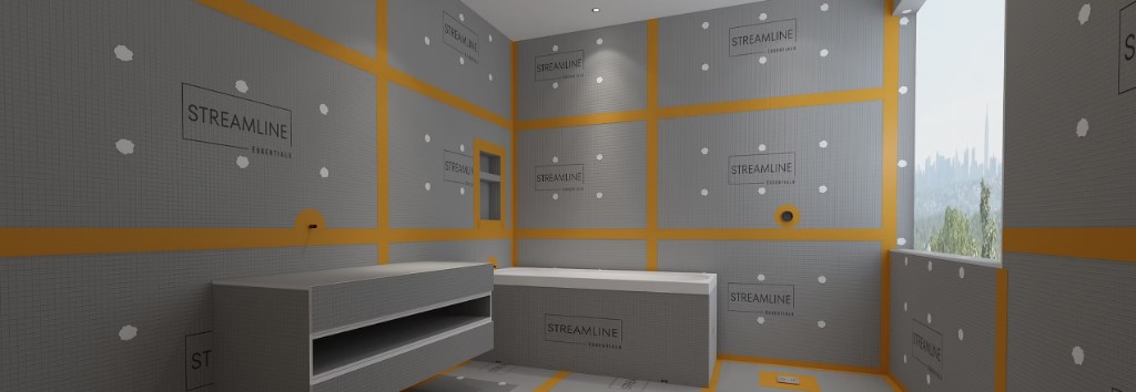 Shower enclosure fully sheathed in Streamline Essentials foam backer board with orange seam tape