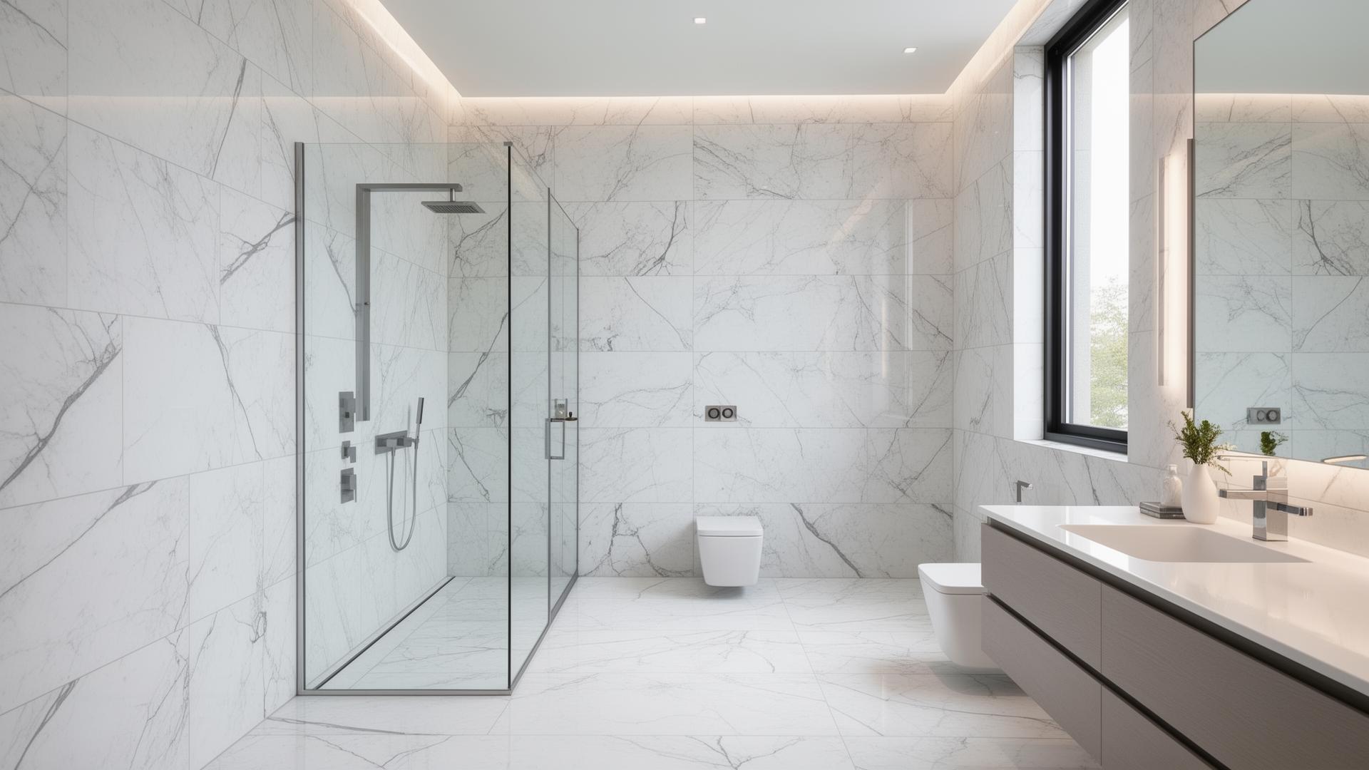 Marble-tiled walk-in shower and bathroom built with Streamline Essentials waterproofing substrates