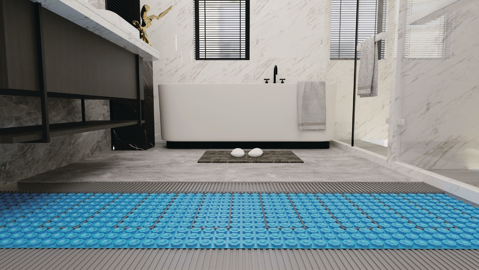 Marble bathroom with a blue uncoupling and waterproofing mat laid across the floor before tile