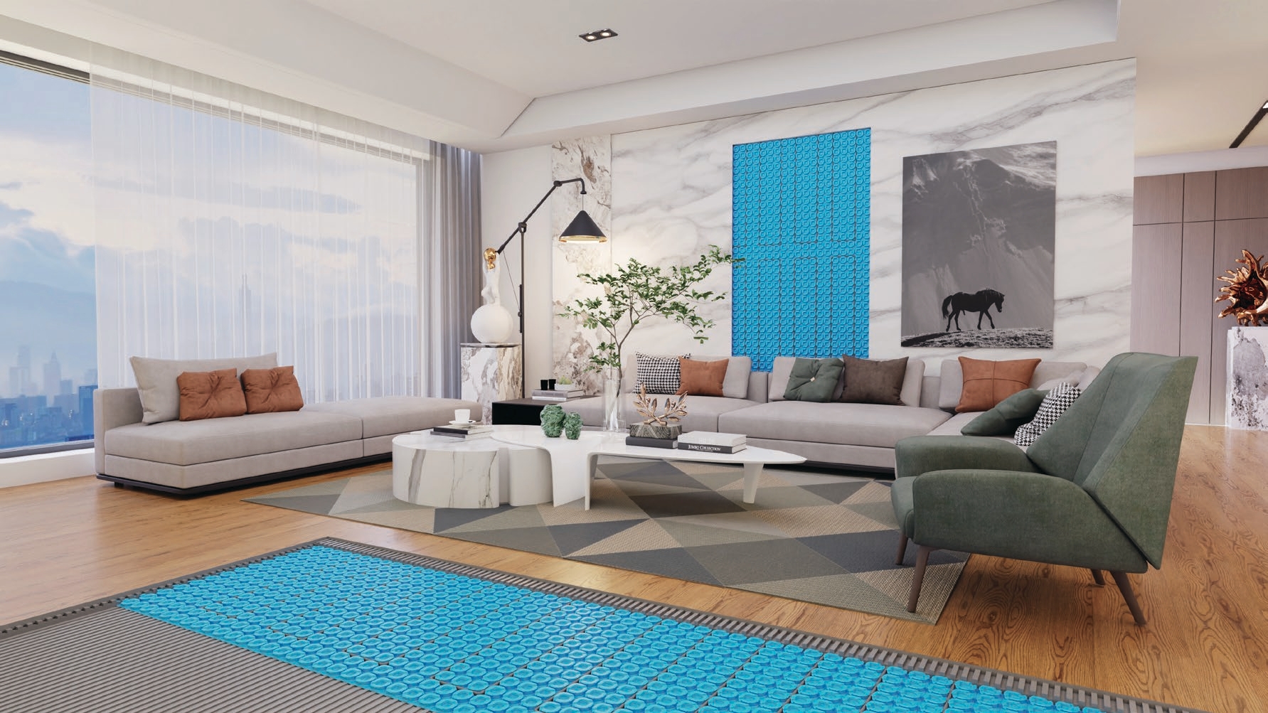 Luxury high-rise living room with a blue decoupling mat installed across the heated floor and as a feature-wall panel
