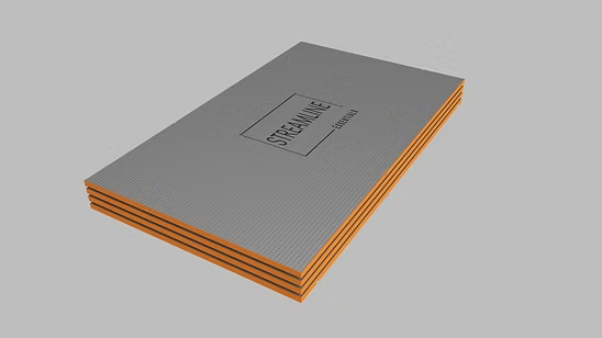 Stack of Streamline Essentials Essenti foam tile backer boards with gray faces and orange edges