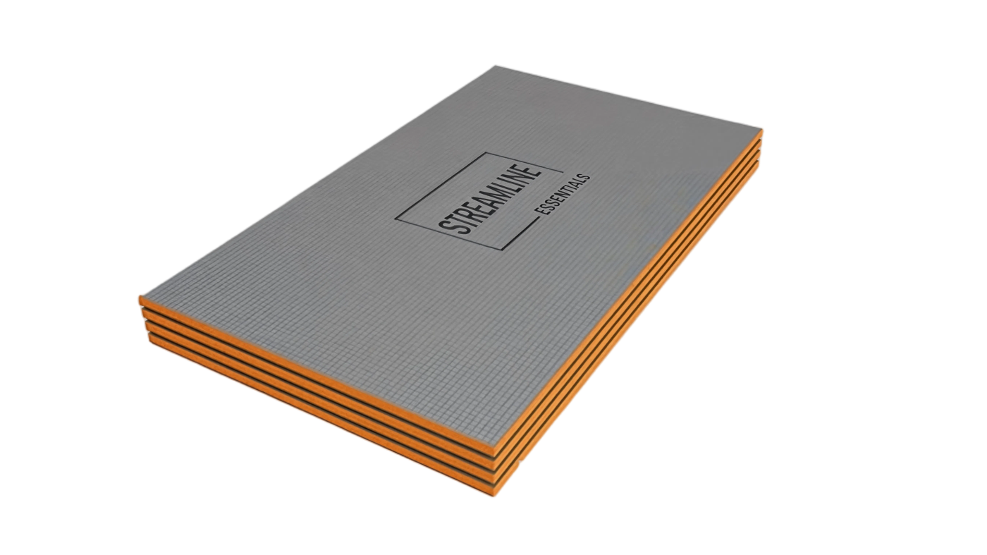 Stack of Streamline Essentials foam backer boards beside cement board for comparison