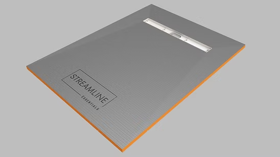 Streamline Essentials tile-ready shower pan with a linear drain and gridded surface